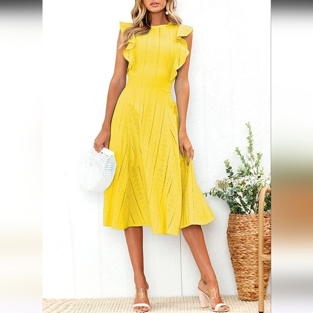 Ecowish Yellow Lace And Open Work A-Line Midi Dress. Coquette. Soft Girl.
